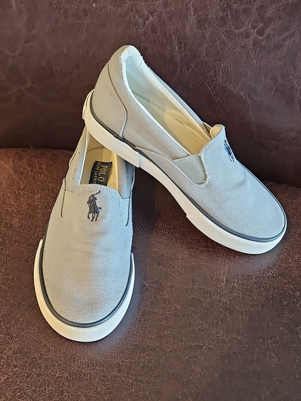 Polo Ralph Lauren Gray Canvas Slip-On Loafers with Navy Pony Logo, Kids Size 12